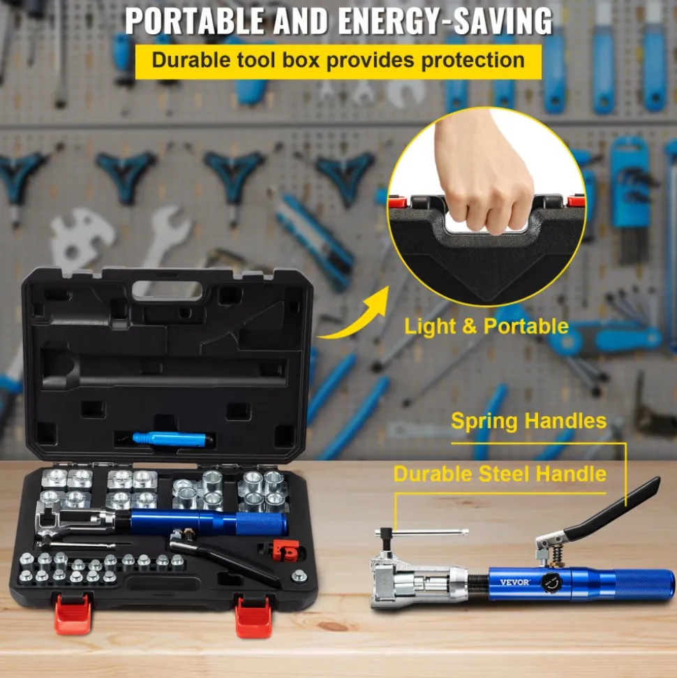 VEVOR Hydraulic Flaring Tool Kit, 45° Double Flaring Tool, Brake Repair Brake Flaring Tools for 3/16"-1/2", Brake Flare Tool with Tube Cutter and Deburrer, 32 PCS Tube Flaring Tools for Copper Lines