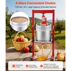 VEVOR Hydraulic Fruit Wine Press, 7.93Gal/30L, Stainless Steel Heavy Duty Manual Juice Maker, Cider Apple Grape Vegetable Crusher, Cheese/Tincture/Herbal Press, with 2 Filter Bags, for Kitchen Home