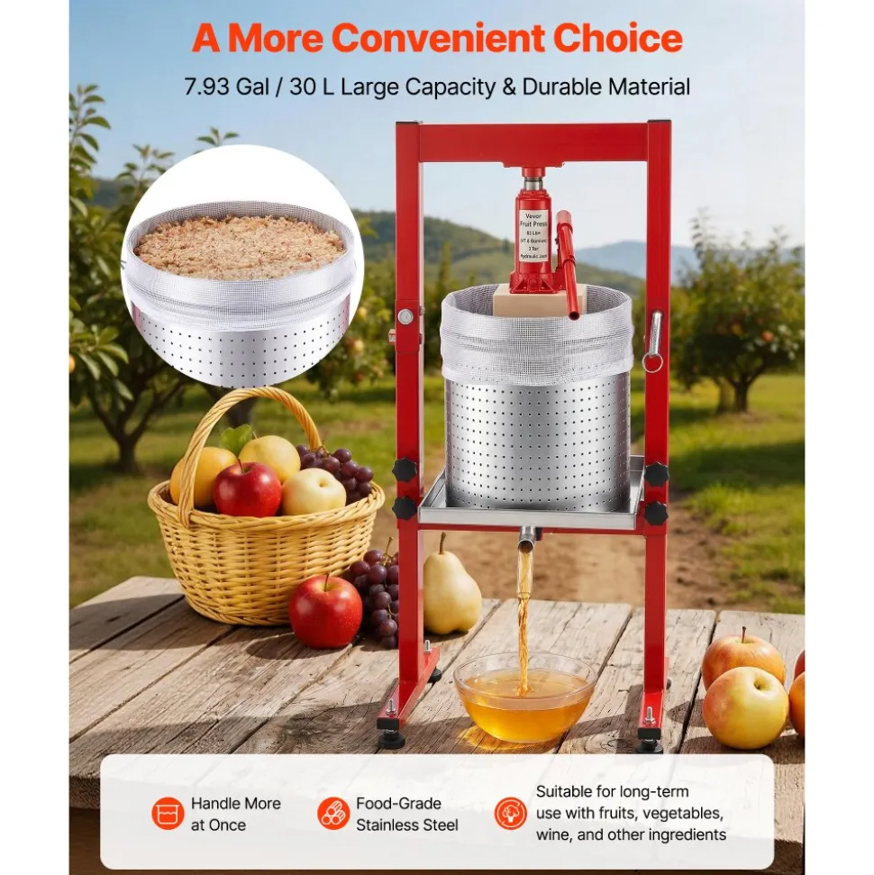 VEVOR Hydraulic Fruit Wine Press, 7.93Gal/30L, Stainless Steel Heavy Duty Manual Juice Maker, Cider Apple Grape Vegetable Crusher, Cheese/Tincture/Herbal Press, with 2 Filter Bags, for Kitchen Home