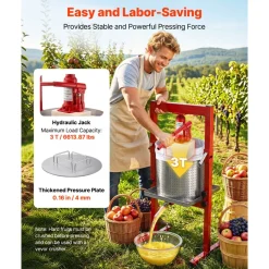 VEVOR Hydraulic Fruit Wine Press, 7.93Gal/30L, Stainless Steel Heavy Duty Manual Juice Maker, Cider Apple Grape Vegetable Crusher, Cheese/Tincture/Herbal Press, with 2 Filter Bags, for Kitchen Home