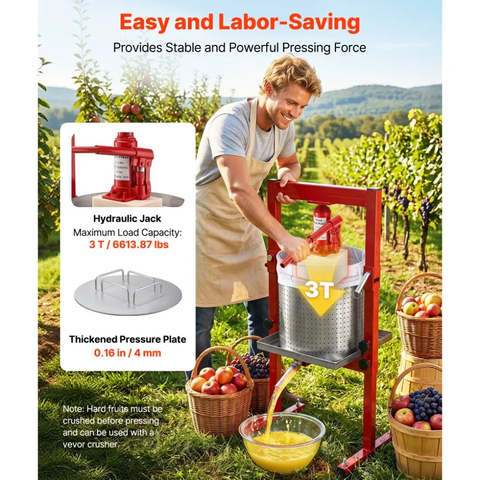 VEVOR Hydraulic Fruit Wine Press, 7.93Gal/30L, Stainless Steel Heavy Duty Manual Juice Maker, Cider Apple Grape Vegetable Crusher, Cheese/Tincture/Herbal Press, with 2 Filter Bags, for Kitchen Home