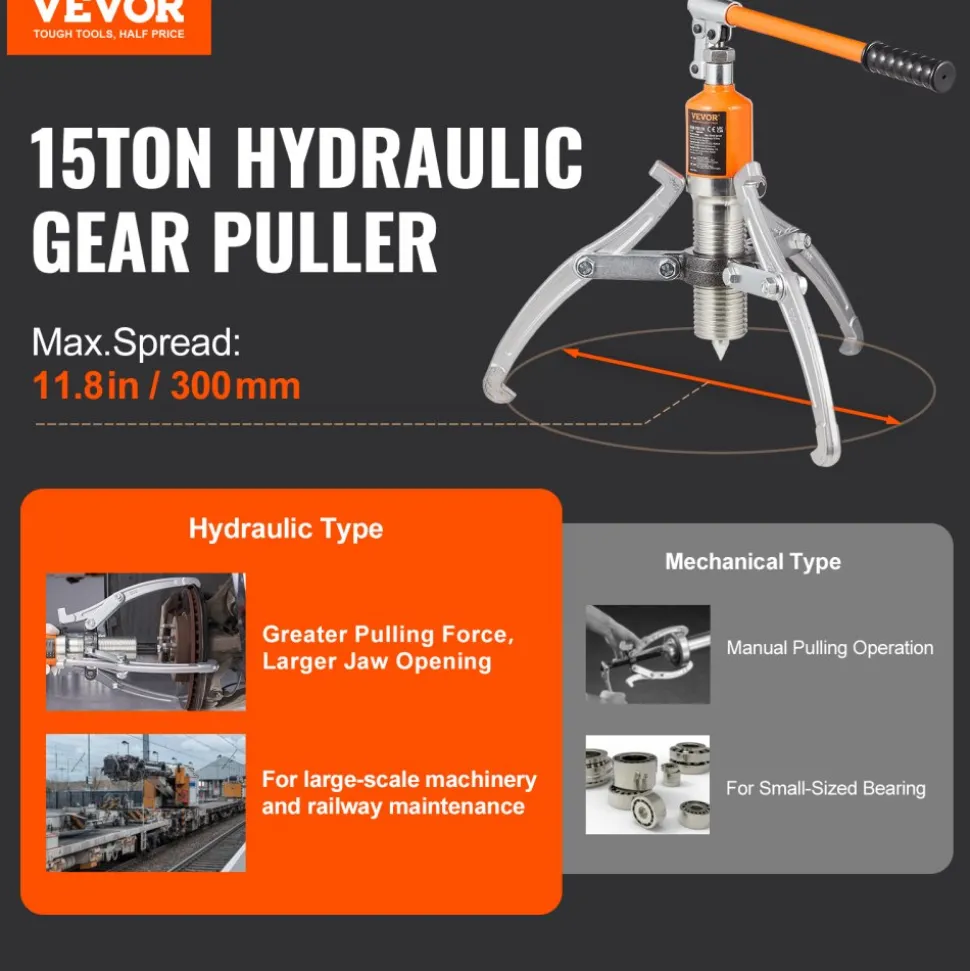 VEVOR Hydraulic Gear Puller, 15 Ton Max Capacity Wheel Bearing Pulling Separator, 2 or 3 Jaws Puller, Vertically and Horizontally, 12" Jaw Hydraulic Puller with Case for Pulling Hubs