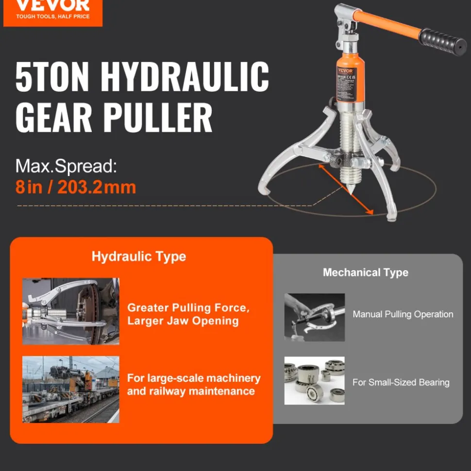 VEVOR Hydraulic Gear Puller, 5 Ton Max Capacity Wheel Bearing Pulling Separator, 2 or 3 Jaws Puller, Vertically and Horizontally, 8" Jaw Hydraulic Puller with Case for Pulling Hubs