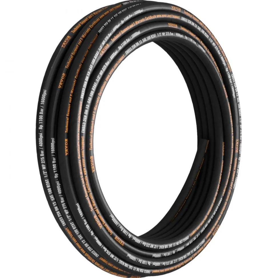 VEVOR Hydraulic Hose 1/2 inch x 100 ft, Coiled Hydraulic Hose 4000 PSI, Rubber Hydraulic Hose with 2 High-Tensile Steel Wire Braid, Bulk Hydraulic Hose -20℃ to 140℃, Hydraulic Oil Flexible Hose