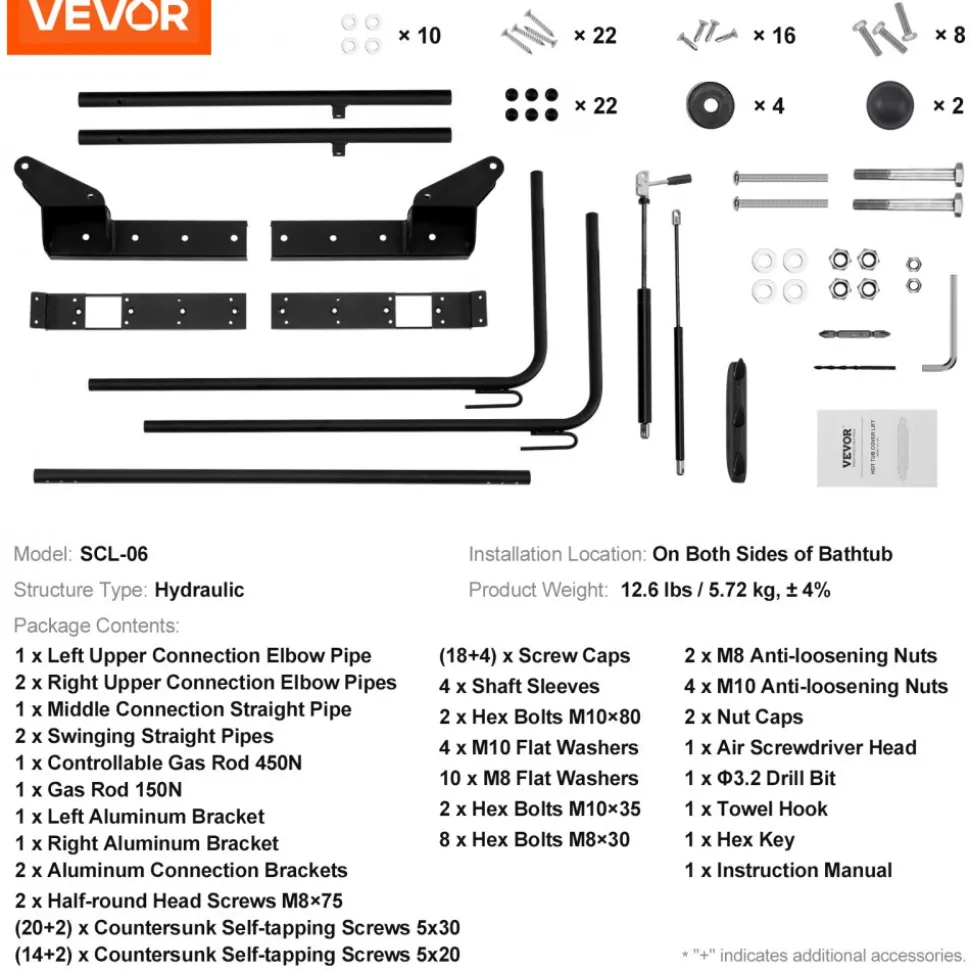 VEVOR Hydraulic Hot Tub Cover Lift, Spa Cover Lift, Adjustable Width from 69 in to 96.5 in, Mounts on Both Top Sides, Compatible with Various Sizes of Rectangular Bathtubs, Hot Tubs and Spas