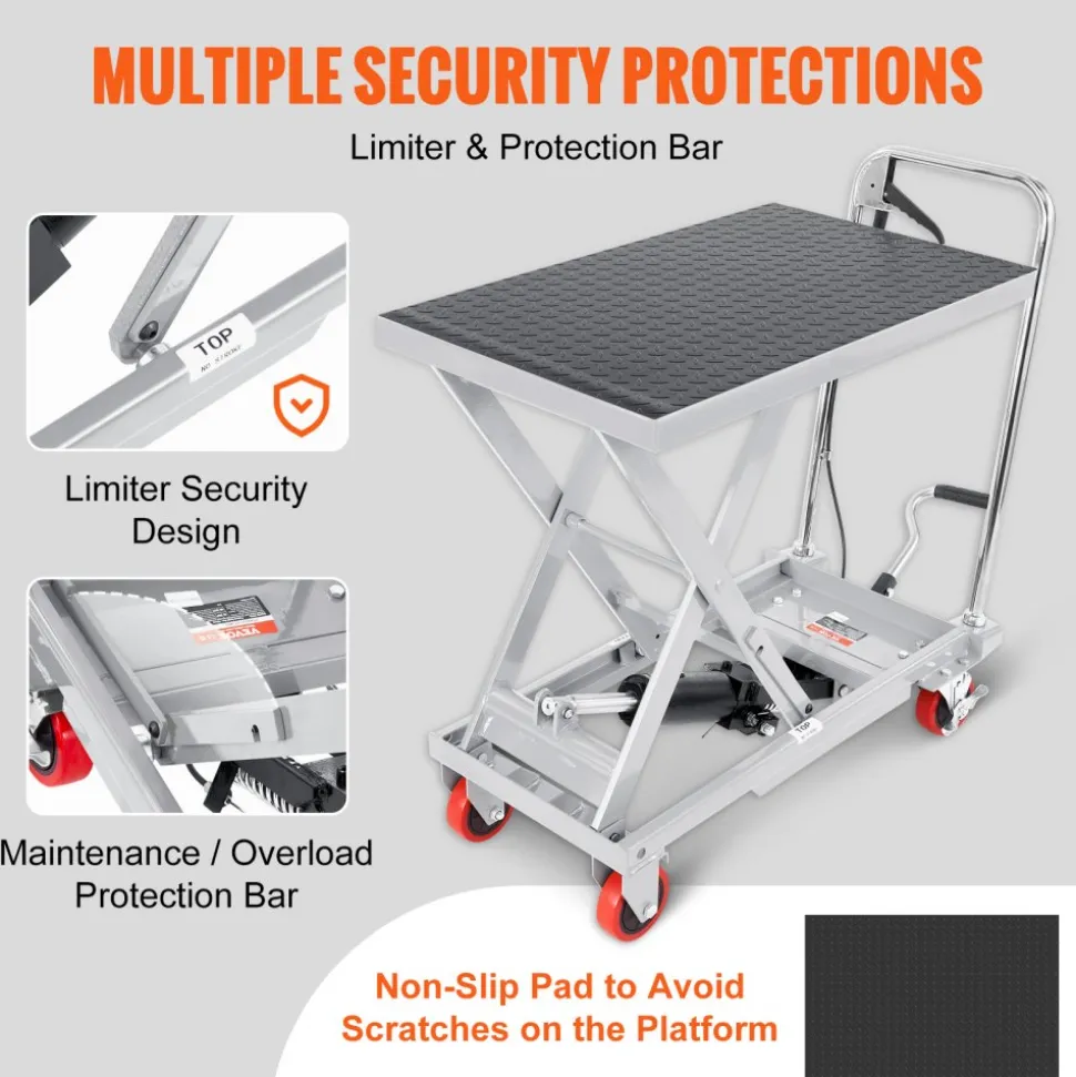 VEVOR Hydraulic Lift Table Cart, 500lbs Capacity 28.5" Lifting Height, Manual Single Scissor Lift Table with 4 Wheels and Non-slip Pad, Hydraulic Scissor Cart for Material Handling, Gray