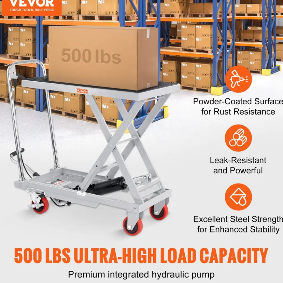 VEVOR Hydraulic Lift Table Cart, 500lbs Capacity 28.5" Lifting Height, Manual Single Scissor Lift Table with 4 Wheels and Non-slip Pad, Hydraulic Scissor Cart for Material Handling, Gray