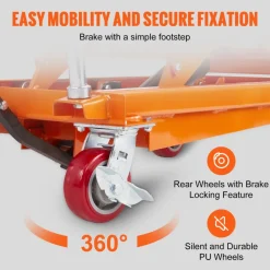 VEVOR Hydraulic Lift Table Cart, 770lbs Capacity 59" Lifting Height, Manual Double Scissor Lift Table with 4 Wheels and Non-slip Pad, Hydraulic Scissor Cart for Material Handling and Transportation
