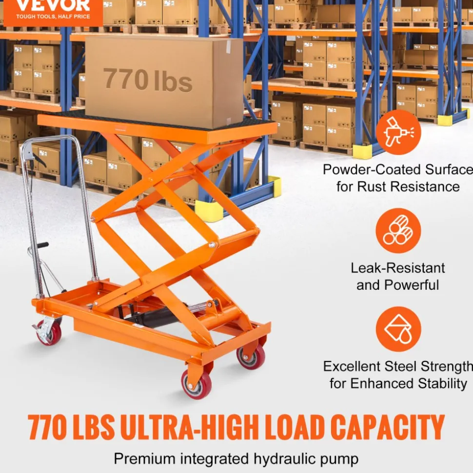 VEVOR Hydraulic Lift Table Cart, 770lbs Capacity 59" Lifting Height, Manual Double Scissor Lift Table with 4 Wheels and Non-slip Pad, Hydraulic Scissor Cart for Material Handling and Transportation