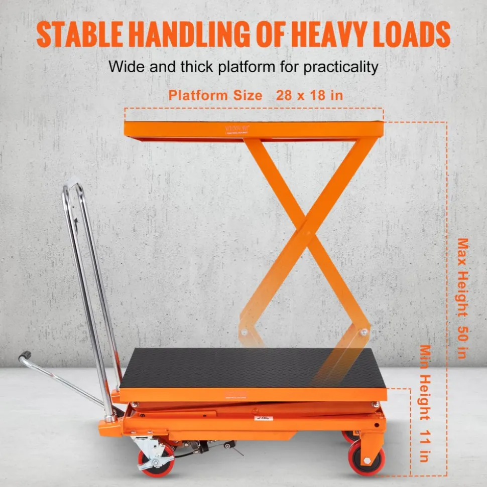VEVOR Hydraulic Lift Table Cart, 330lbs Capacity 50" Lifting Height, Manual Double Scissor Lift Table with 4 Wheels and Non-slip Pad, Hydraulic Scissor Cart for Material Handling and Transportation