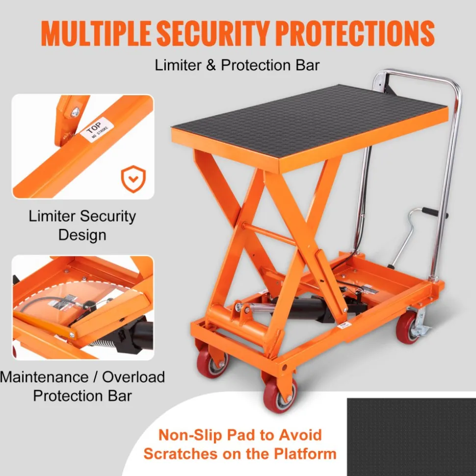 VEVOR Hydraulic Lift Table Cart, 1100lbs Capacity 35.4" Lifting Height, Manual Single Scissor Lift Table with 4 Wheels and Non-slip Pad, Hydraulic Scissor Cart for Material Handling and Transportation