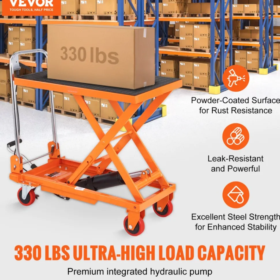 VEVOR Hydraulic Lift Table Cart, 330lbs Capacity 28.5" Lifting Height, Manual Single Scissor Lift Table with 4 Wheels and Non-slip Pad, Hydraulic Scissor Cart for Material Handling and Transportation