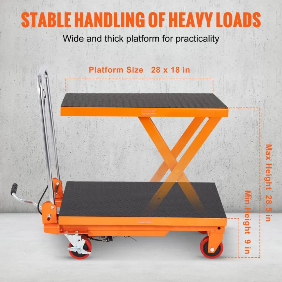 VEVOR Hydraulic Lift Table Cart, 330lbs Capacity 28.5" Lifting Height, Manual Single Scissor Lift Table with 4 Wheels and Non-slip Pad, Hydraulic Scissor Cart for Material Handling and Transportation