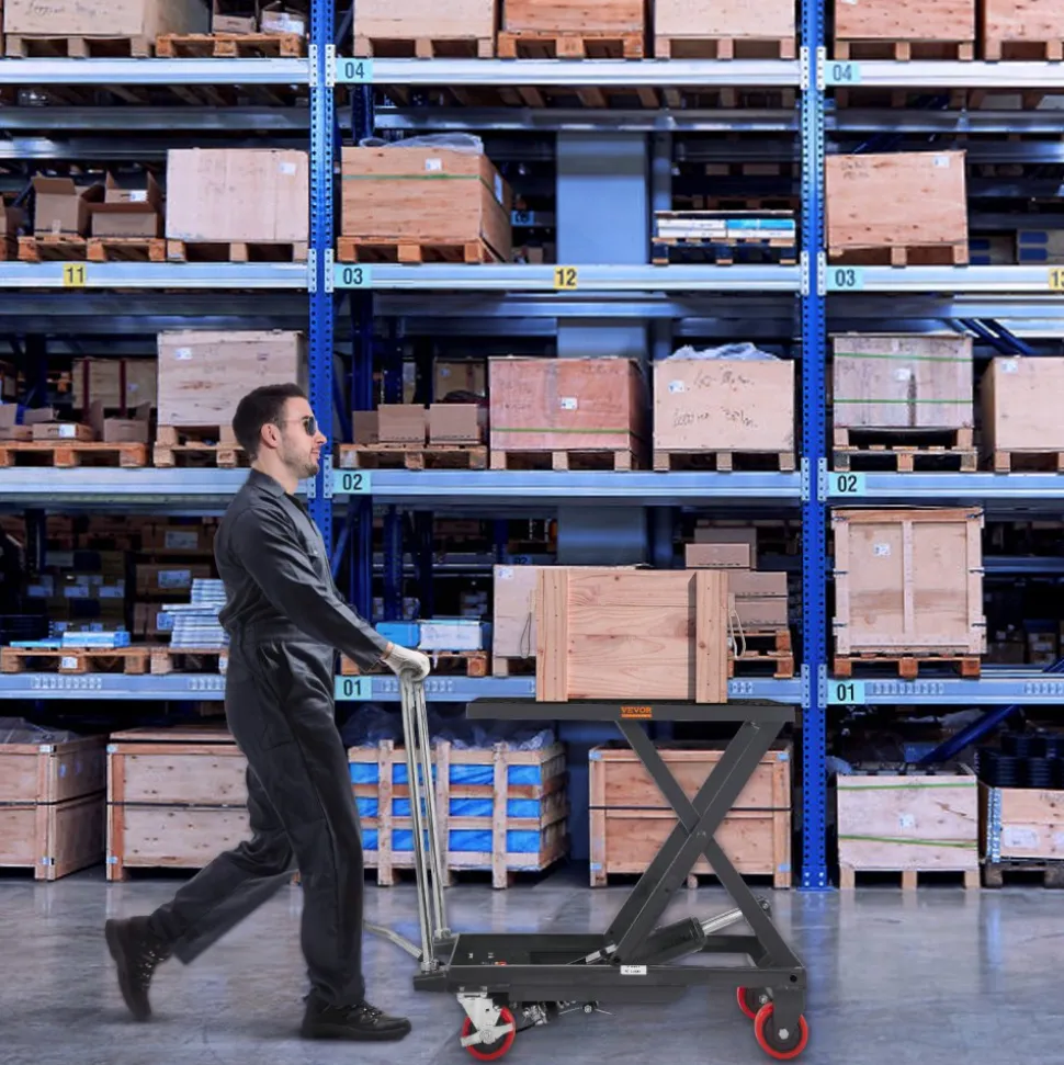 VEVOR Hydraulic Lift Table Cart, 500lbs Capacity 28.5" Lifting Height, Manual Single Scissor Lift Table with 4 Wheels and Non-slip Pad, Hydraulic Scissor Cart for Material Handling, Black