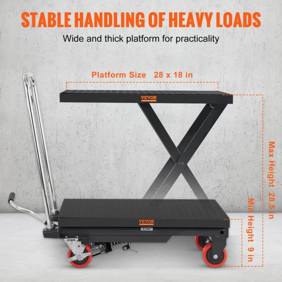 VEVOR Hydraulic Lift Table Cart, 500lbs Capacity 28.5" Lifting Height, Manual Single Scissor Lift Table with 4 Wheels and Non-slip Pad, Hydraulic Scissor Cart for Material Handling, Black