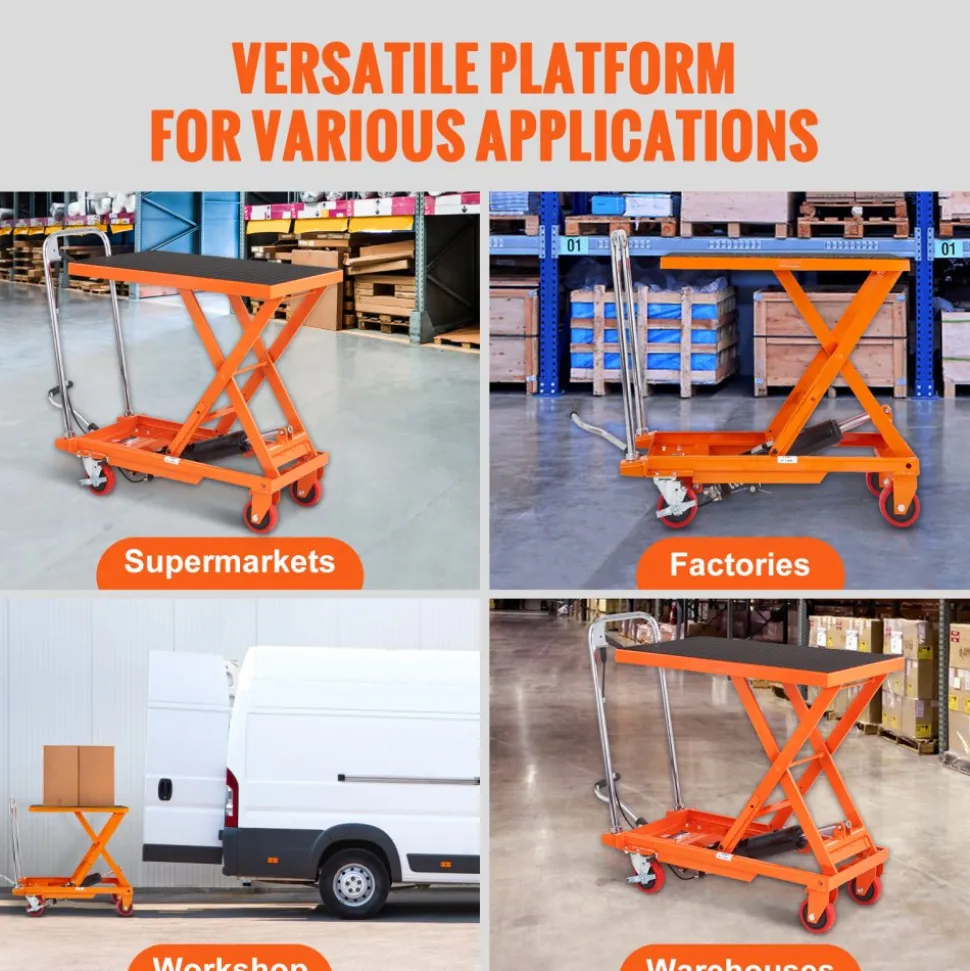 VEVOR Hydraulic Lift Table Cart, 500lbs Capacity 28.5" Lifting Height, Manual Single Scissor Lift Table with 4 Wheels and Non-slip Pad, Hydraulic Scissor Cart for Material Handling, Orange