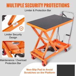 VEVOR Hydraulic Lift Table Cart, 500lbs Capacity 28.5" Lifting Height, Manual Single Scissor Lift Table with 4 Wheels and Non-slip Pad, Hydraulic Scissor Cart for Material Handling, Orange