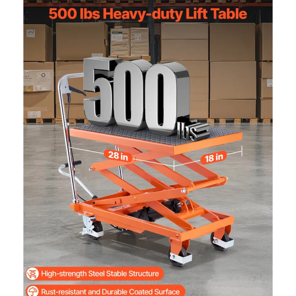 VEVOR Hydraulic Lift Table, 500 lbs Capacity, 47.2" Lifting Height, Double Scissor Lift Table Cart with 4 Wheels and Non-slip Pad, Manual Hydraulic Lifting Cart for Material Handling & Transportation