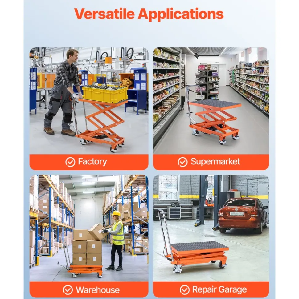 VEVOR Hydraulic Lift Table, 500 lbs Capacity, 47.2" Lifting Height, Double Scissor Lift Table Cart with 4 Wheels and Non-slip Pad, Manual Hydraulic Lifting Cart for Material Handling & Transportation