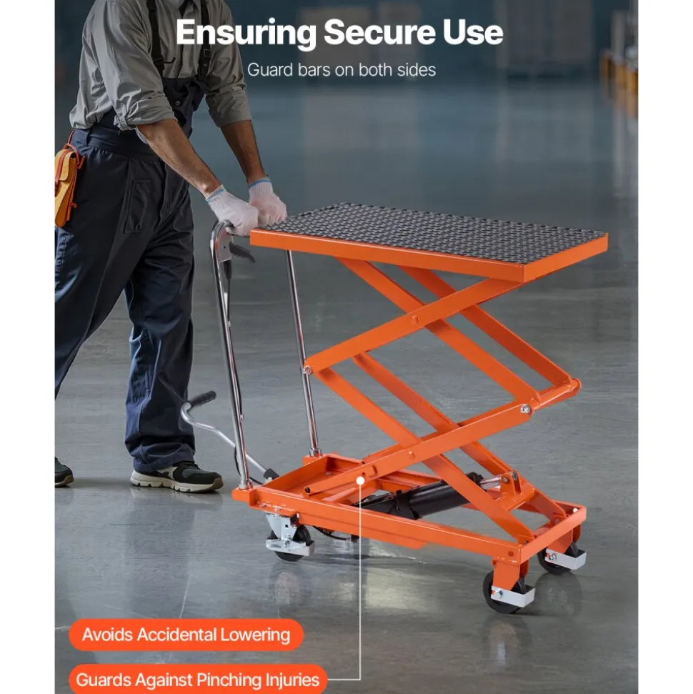 VEVOR Hydraulic Lift Table, 500 lbs Capacity, 47.2" Lifting Height, Double Scissor Lift Table Cart with 4 Wheels and Non-slip Pad, Manual Hydraulic Lifting Cart for Material Handling & Transportation