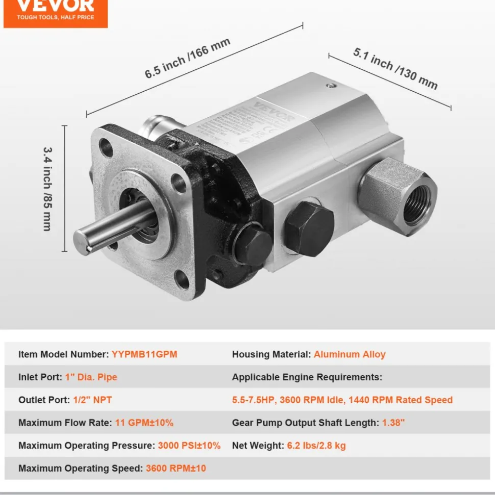 VEVOR Hydraulic Log Splitter Pump, 11GPM, 2 Stage 3000PSI Wood Log Splitter Pump, 1'' Inlet 1/2'' NPT Outlet 3600 RPM Aluminum Hydraulic Gear Pump, for Small Engine Mounting Log Splitters Snowplow