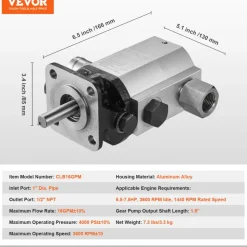 VEVOR Hydraulic Log Splitter Pump, 16GPM, 2 Stage 4000PSI Wood Log Splitter Pump, 1'' Inlet 1/2'' NPT Outlet 3600 RPM Aluminum Hydraulic Gear Pump, for Small Engine Mounting Log Splitters Snowplow