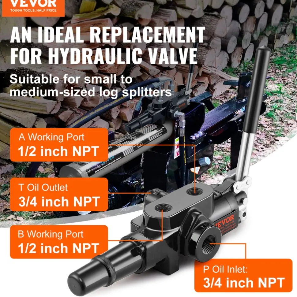 VEVOR Hydraulic Log Splitter Valve 1 Spool, 25 GPM Hydraulic Directional Control Valve, 3626PSI Hydraulic Loader Valve, Hydraulic Joystick Control Valve for Small Tractors, Loaders, Log Splitter
