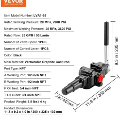 VEVOR Hydraulic Log Splitter Valve 1 Spool, 25 GPM Hydraulic Directional Control Valve, 3626PSI Hydraulic Loader Valve, Hydraulic Joystick Control Valve for Small Tractors, Loaders, Log Splitter