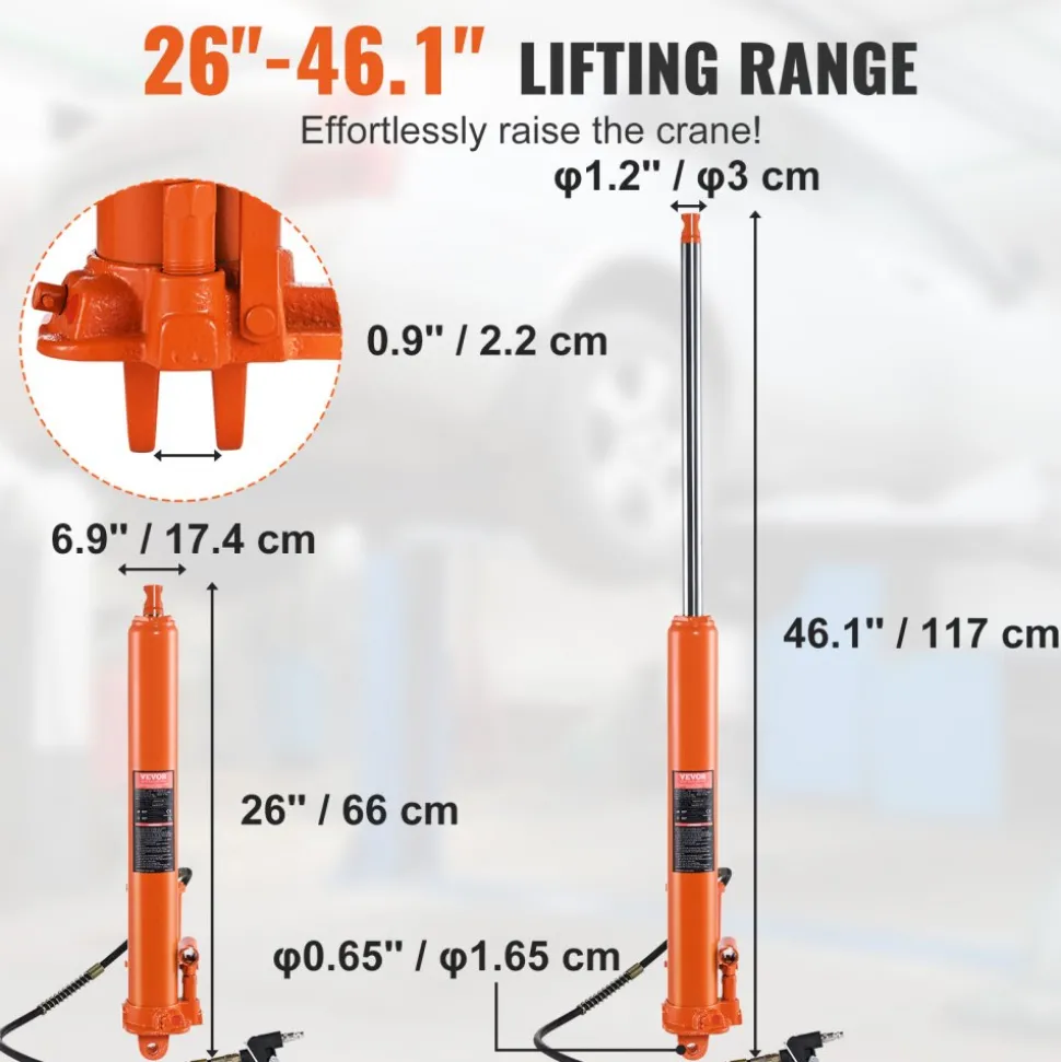 VEVOR Hydraulic Long Ram Jack, 8 Ton Engine Hoist Cylinder with Air Pump and Single Piston Pump, Hydraulic Ram Cylinder Clevis Base for Engine Lift Hoists, Garage/Shop Cranes, Mechanical, Farm