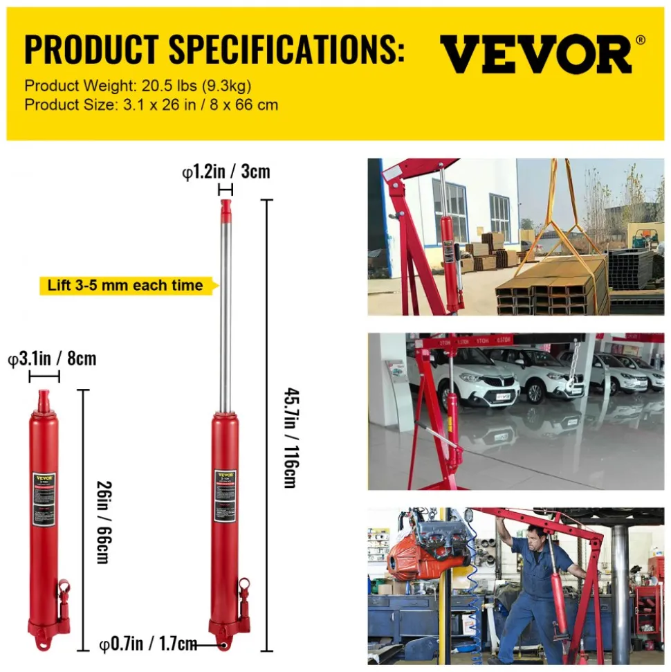 VEVOR Hydraulic Long Ram Jack, 3 Tons/6600 lbs Capacity, with Single Piston Pump and Clevis Base, Manual Cherry Picker with Handle, for Garage/Shop Cranes, Engine Lift Hoist, Red
