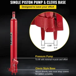 VEVOR Hydraulic Long Ram Jack, 3 Tons/6600 lbs Capacity, with Single Piston Pump and Clevis Base, Manual Cherry Picker with Handle, for Garage/Shop Cranes, Engine Lift Hoist, Red