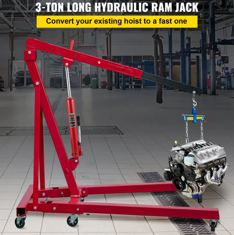 VEVOR Hydraulic Long Ram Jack, 3 Tons/6600 lbs Capacity, with Single Piston Pump and Clevis Base, Manual Cherry Picker with Handle, for Garage/Shop Cranes, Engine Lift Hoist, Red