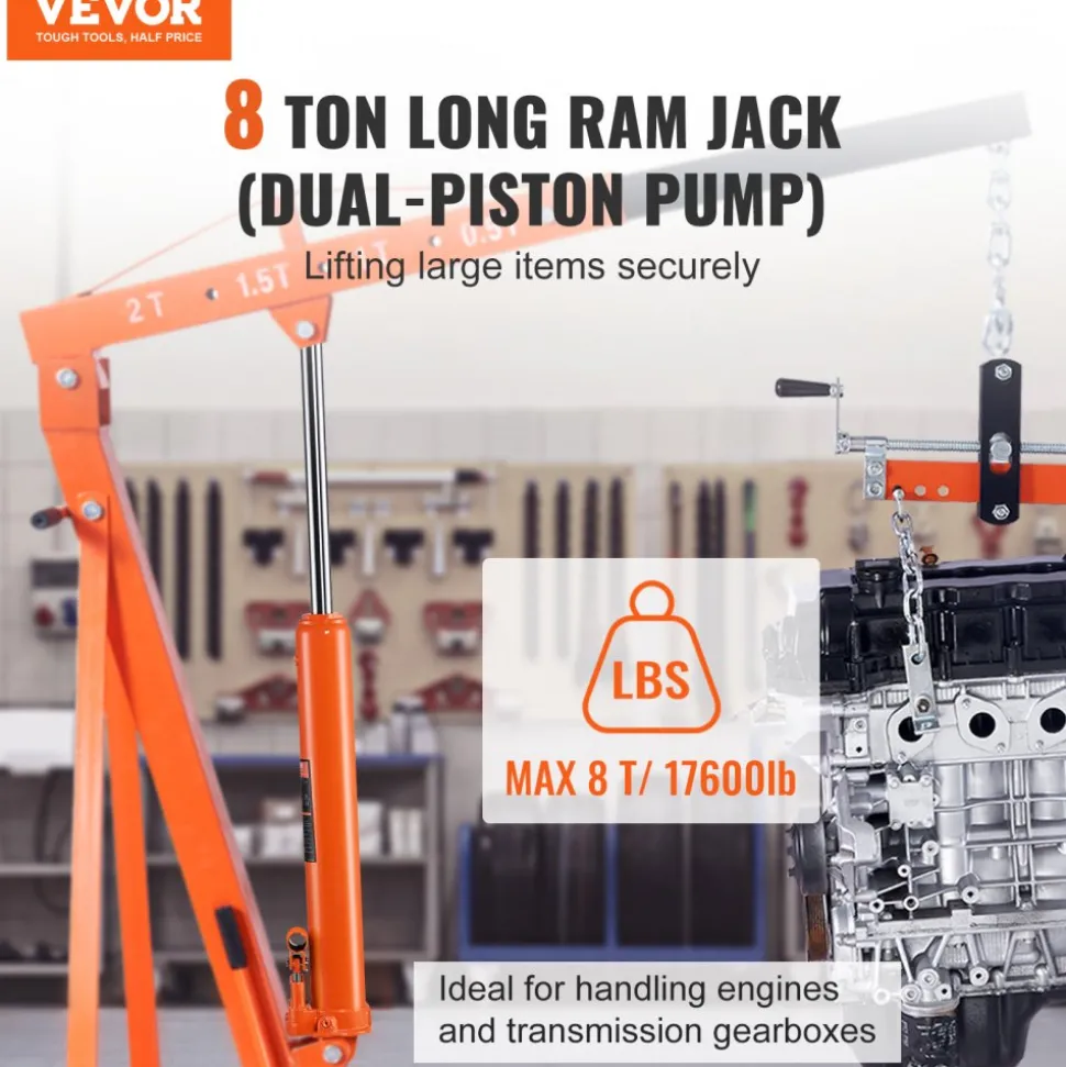 VEVOR Hydraulic Long Ram Jack, 8 Ton Engine Hoist Cylinder with Double Piston Pump And Clevis Base, Hydraulic Ram Cylinder for Engine Lift Hoists, Hydraulic Garage/Shop Cranes, Mechanical, Farm
