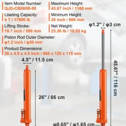 VEVOR Hydraulic Long Ram Jack, 8 Ton Engine Hoist Cylinder with Double Piston Pump And Clevis Base, Hydraulic Ram Cylinder for Engine Lift Hoists, Hydraulic Garage/Shop Cranes, Mechanical, Farm