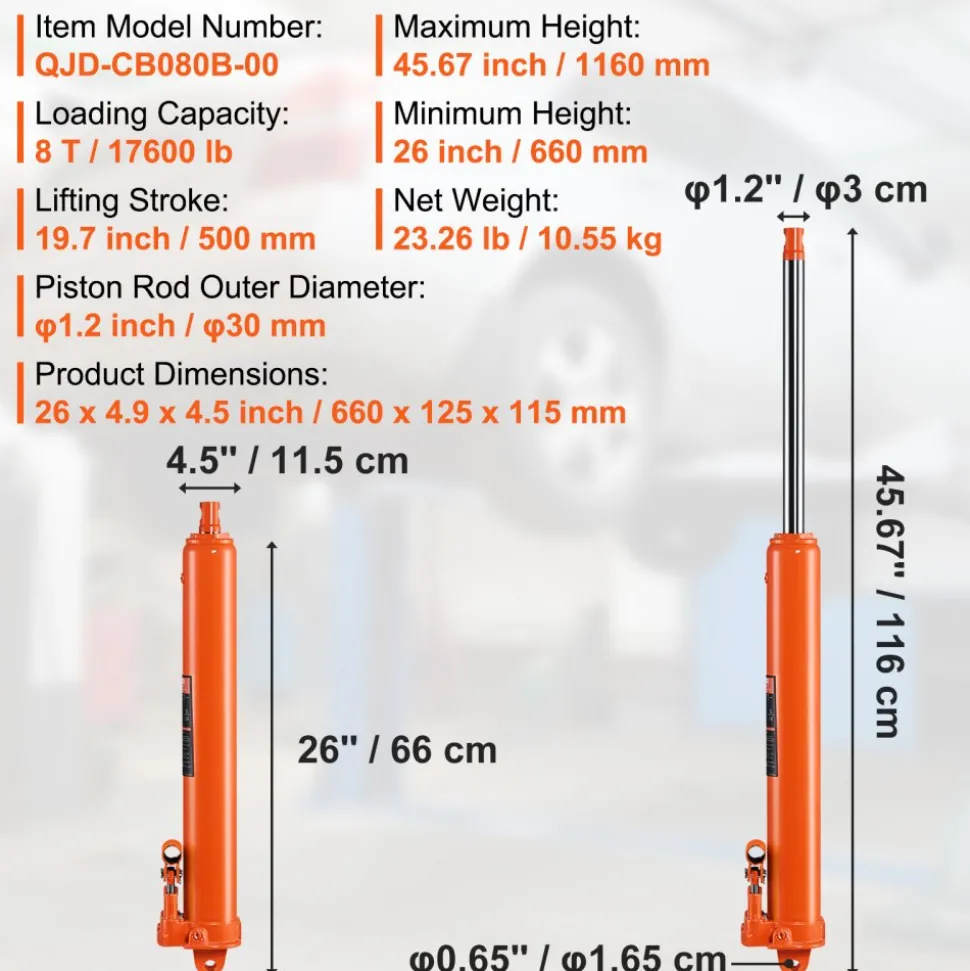 VEVOR Hydraulic Long Ram Jack, 8 Ton Engine Hoist Cylinder with Double Piston Pump And Clevis Base, Hydraulic Ram Cylinder for Engine Lift Hoists, Hydraulic Garage/Shop Cranes, Mechanical, Farm
