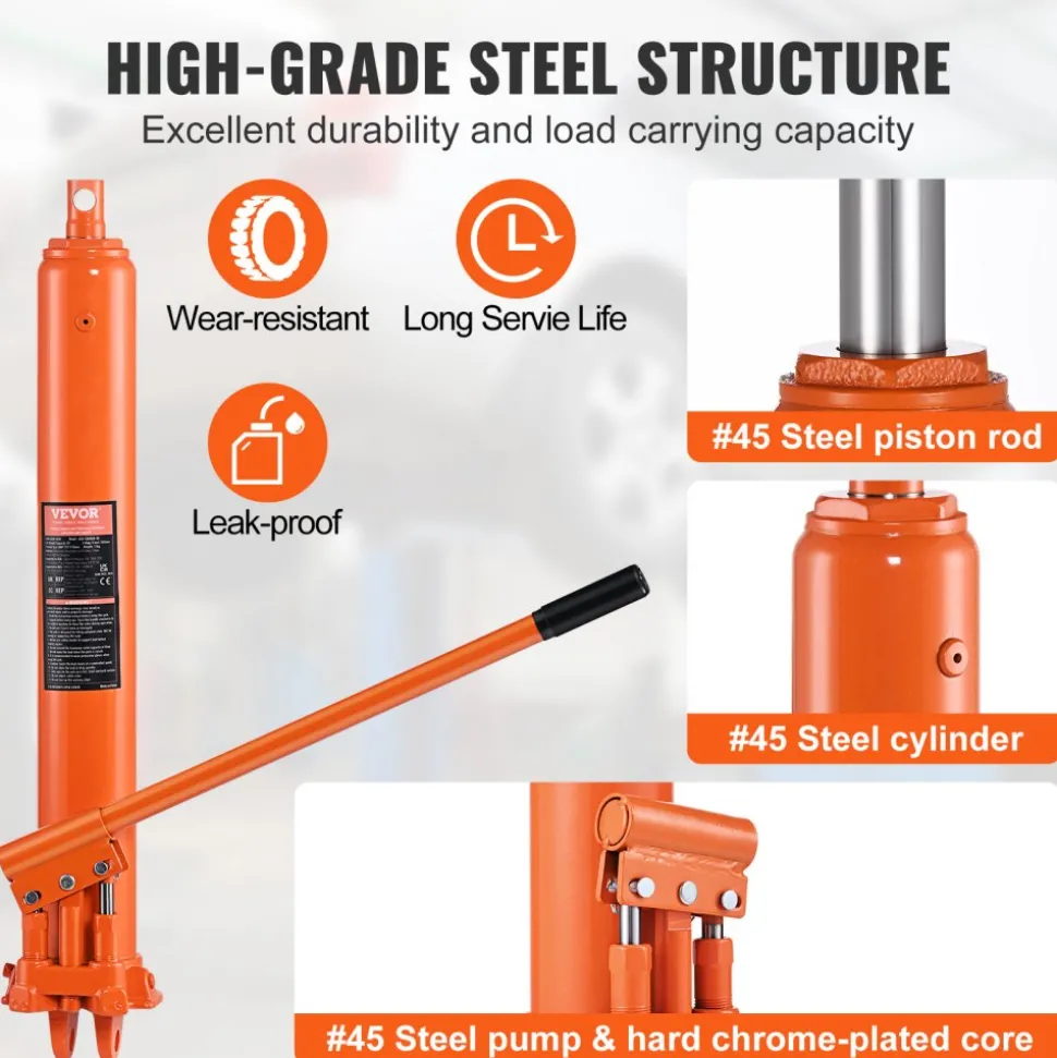 VEVOR Hydraulic Long Ram Jack, 8 Ton Engine Hoist Cylinder with Double Piston Pump And Clevis Base, Hydraulic Ram Cylinder for Engine Lift Hoists, Hydraulic Garage/Shop Cranes, Mechanical, Farm