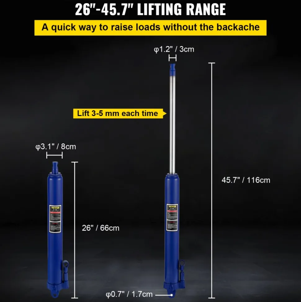 VEVOR Hydraulic Long Ram Jack, 8 Tons/17363 lbs Capacity, with Single Piston Pump and Clevis Base, Manual Cherry Picker with Handle, for Garage/Shop Cranes, Engine Lift Hoist, Blue