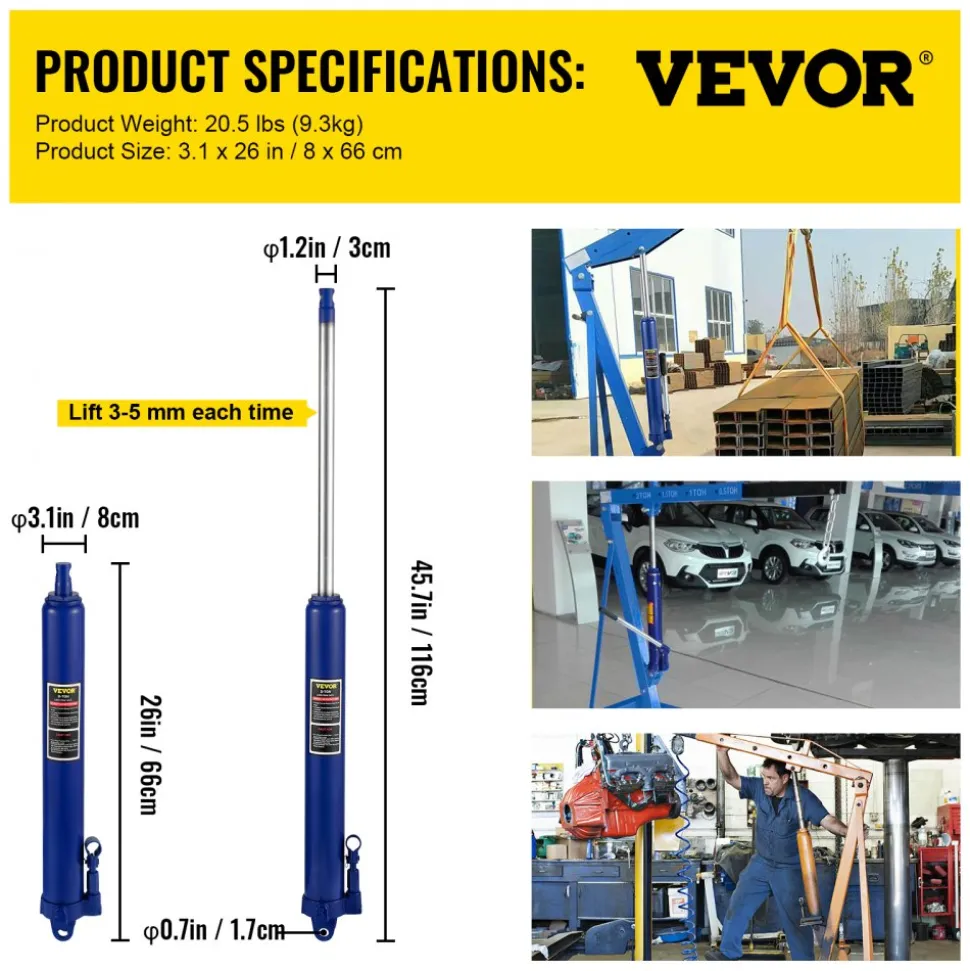 VEVOR Hydraulic Long Ram Jack, 8 Tons/17363 lbs Capacity, with Single Piston Pump and Clevis Base, Manual Cherry Picker with Handle, for Garage/Shop Cranes, Engine Lift Hoist, Blue