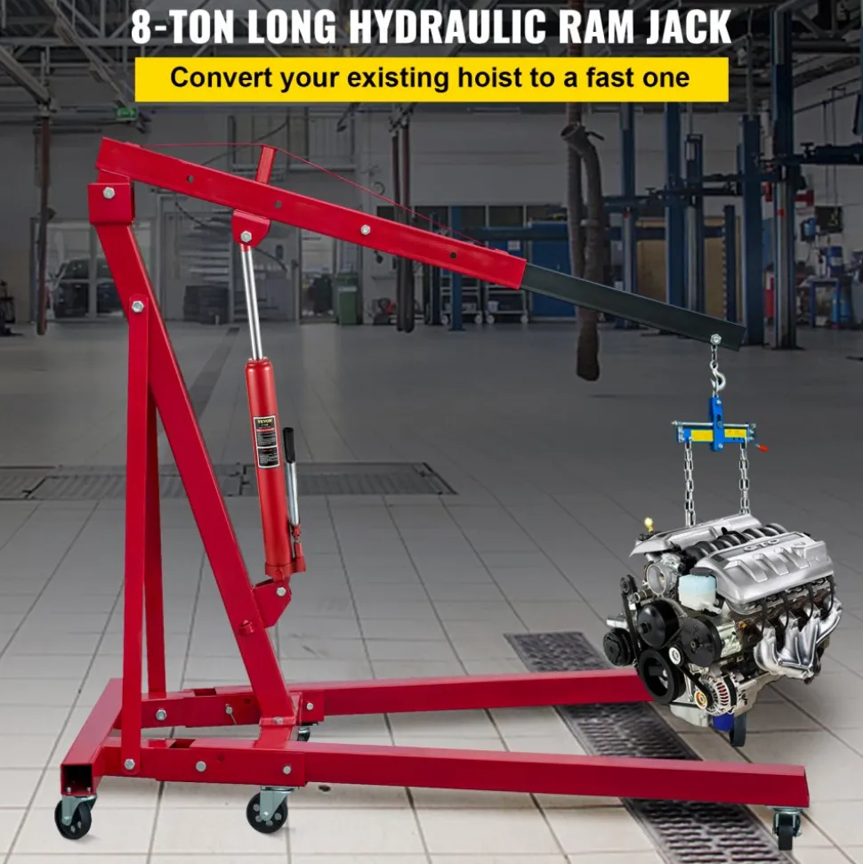 VEVOR Hydraulic Long Ram Jack, 8 Tons/17363 lbs Capacity, with Single Piston Pump and Clevis Base, Manual Cherry Picker with Handle, for Garage/Shop Cranes, Engine Lift Hoist, Red