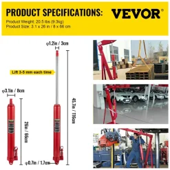 VEVOR Hydraulic Long Ram Jack, 8 Tons/17363 lbs Capacity, with Single Piston Pump and Clevis Base, Manual Cherry Picker with Handle, for Garage/Shop Cranes, Engine Lift Hoist, Red