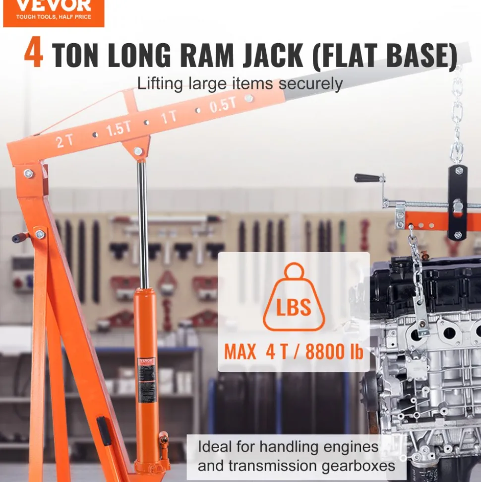 VEVOR Hydraulic Long Ram Jack, 4 Ton Engine Hoist Cylinder with Single Piston Pump And Flat Base, Hydraulic Ram Cylinder for Engine Lift Hoists, Hydraulic Garage/Shop Cranes, Mechanical, Farm