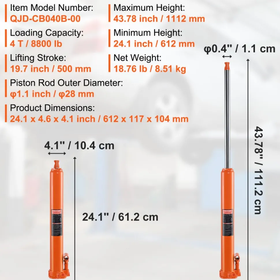 VEVOR Hydraulic Long Ram Jack, 4 Ton Engine Hoist Cylinder with Single Piston Pump And Flat Base, Hydraulic Ram Cylinder for Engine Lift Hoists, Hydraulic Garage/Shop Cranes, Mechanical, Farm