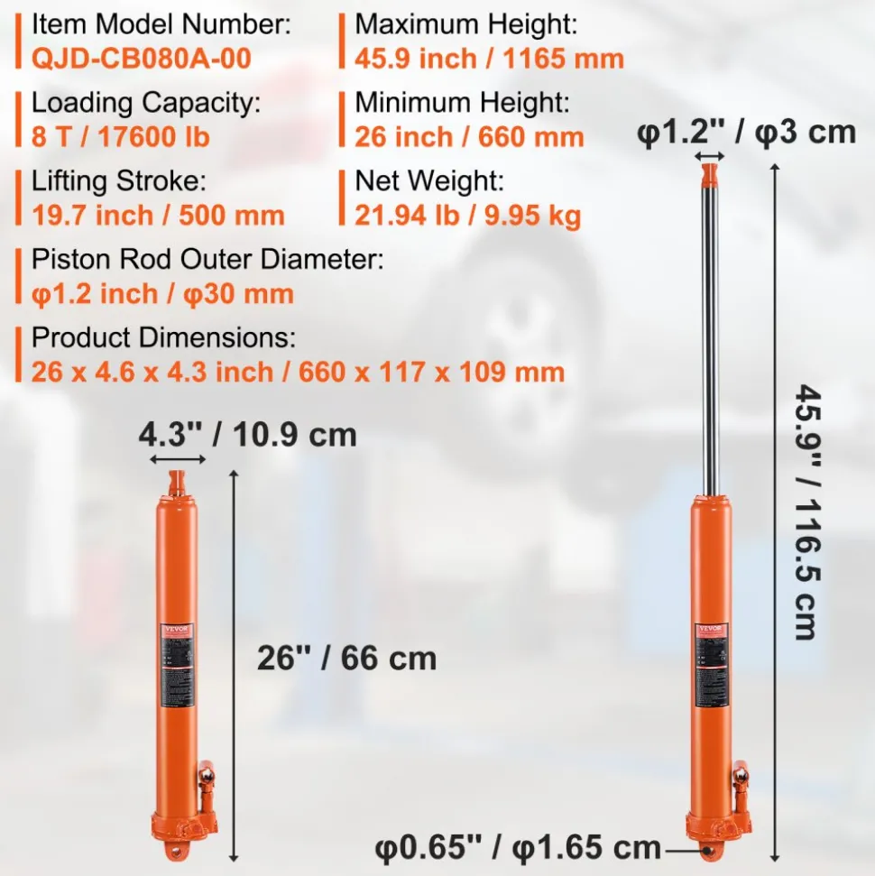 VEVOR Hydraulic Long Ram Jack, 8 Ton Engine Hoist Cylinder with Single Piston Pump And Clevis Base, Hydraulic Ram Cylinder for Engine Lift Hoists, Hydraulic Garage/Shop Cranes, Mechanical, Farm