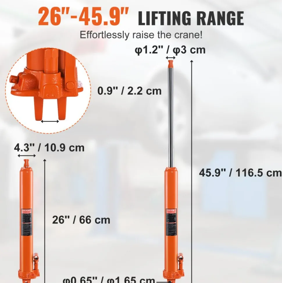 VEVOR Hydraulic Long Ram Jack, 8 Ton Engine Hoist Cylinder with Single Piston Pump And Clevis Base, Hydraulic Ram Cylinder for Engine Lift Hoists, Hydraulic Garage/Shop Cranes, Mechanical, Farm