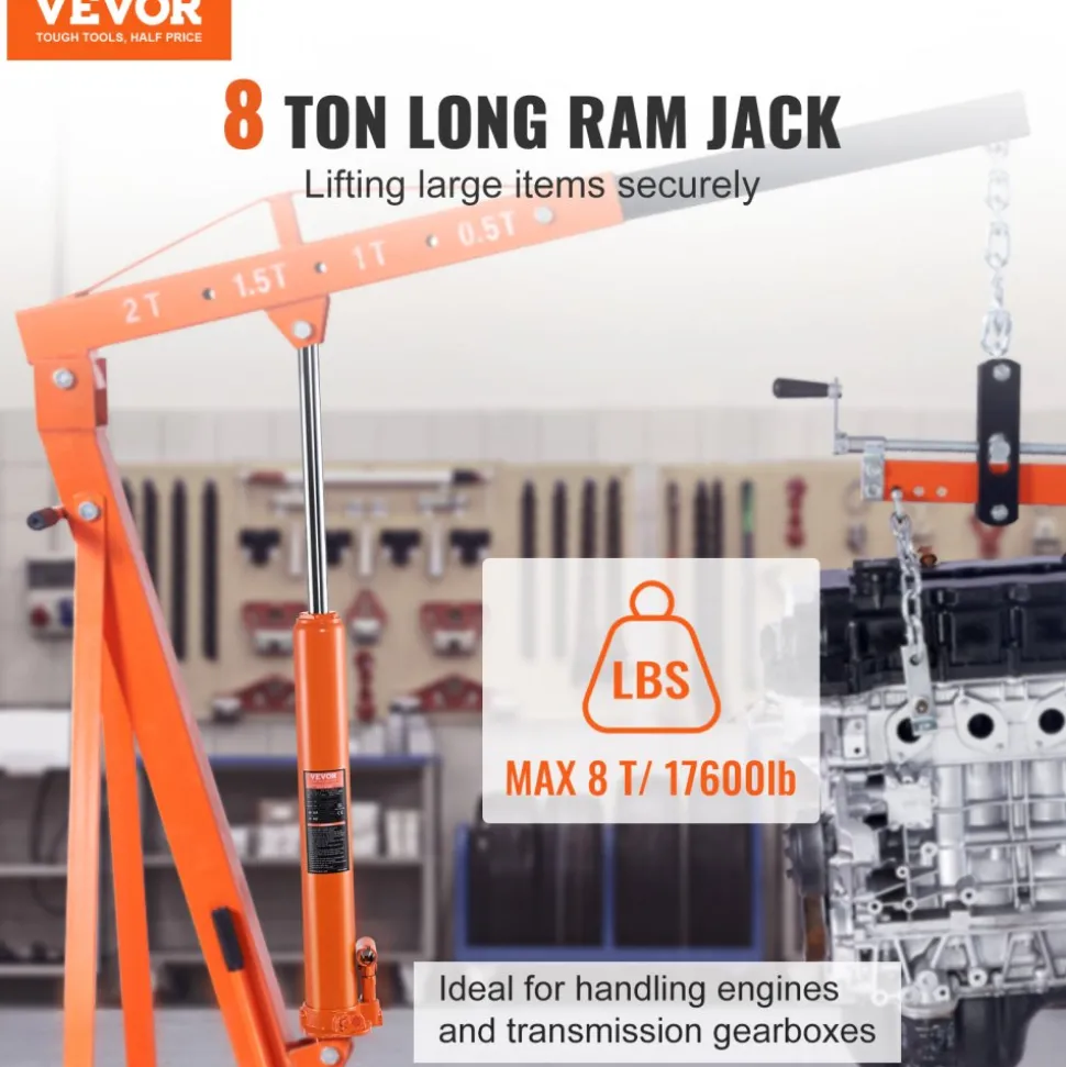 VEVOR Hydraulic Long Ram Jack, 8 Ton Engine Hoist Cylinder with Single Piston Pump And Clevis Base, Hydraulic Ram Cylinder for Engine Lift Hoists, Hydraulic Garage/Shop Cranes, Mechanical, Farm
