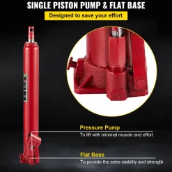 VEVOR Hydraulic Long Ram Jack, 4 Tons/8818 lbs Capacity, with Single Piston Pump and Flat Base, Manual Cherry Picker with Handle, for Garage/Shop Cranes, Engine Lift Hoist, Red