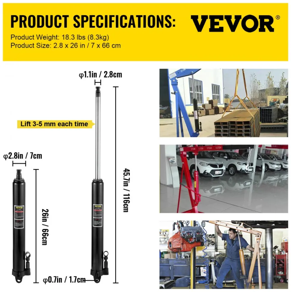 VEVOR Hydraulic Long Ram Jack, 3 Tons/6600 lbs Capacity, with Single Piston Pump and Clevis Base, Manual Cherry Picker with Handle, for Garage/Shop Cranes, Engine Lift Hoist, Black