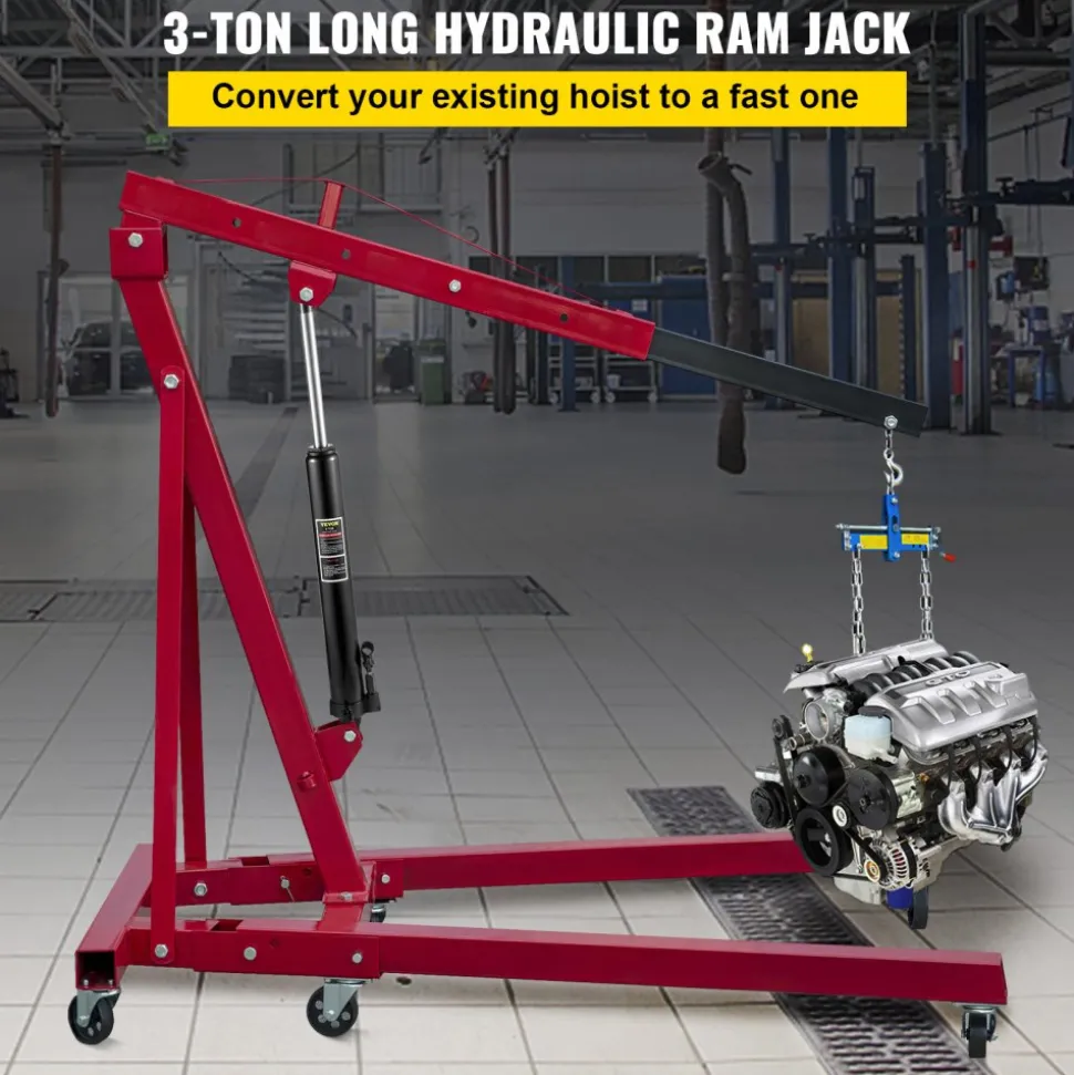 VEVOR Hydraulic Long Ram Jack, 3 Tons/6600 lbs Capacity, with Single Piston Pump and Clevis Base, Manual Cherry Picker with Handle, for Garage/Shop Cranes, Engine Lift Hoist, Black