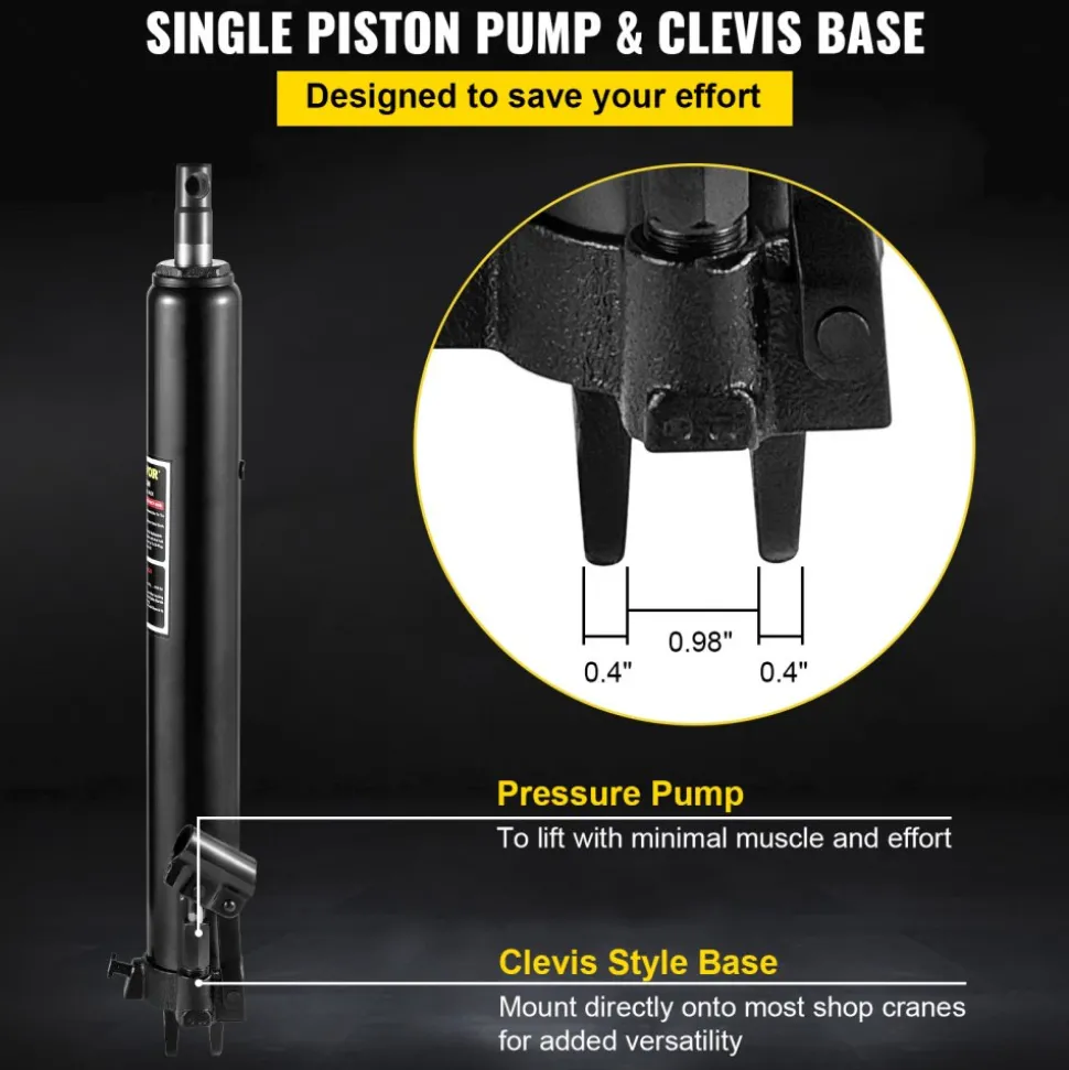 VEVOR Hydraulic Long Ram Jack, 3 Tons/6600 lbs Capacity, with Single Piston Pump and Clevis Base, Manual Cherry Picker with Handle, for Garage/Shop Cranes, Engine Lift Hoist, Black