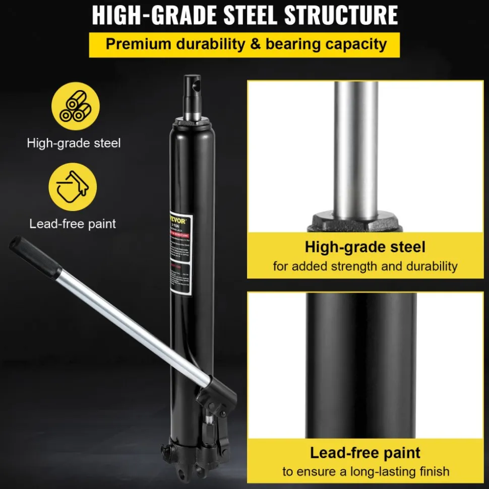 VEVOR Hydraulic Long Ram Jack, 3 Tons/6600 lbs Capacity, with Single Piston Pump and Clevis Base, Manual Cherry Picker with Handle, for Garage/Shop Cranes, Engine Lift Hoist, Black